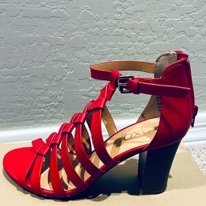 XOXO red 3 inch heel sandal in size 8